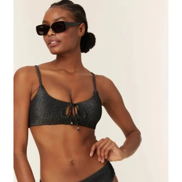 Andie Swim The Waikiki Top Black Ribbed Glitter Size Large - Picture 1 of 8